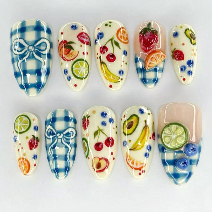Artificial nails with fruity and checkered design Bowlift
