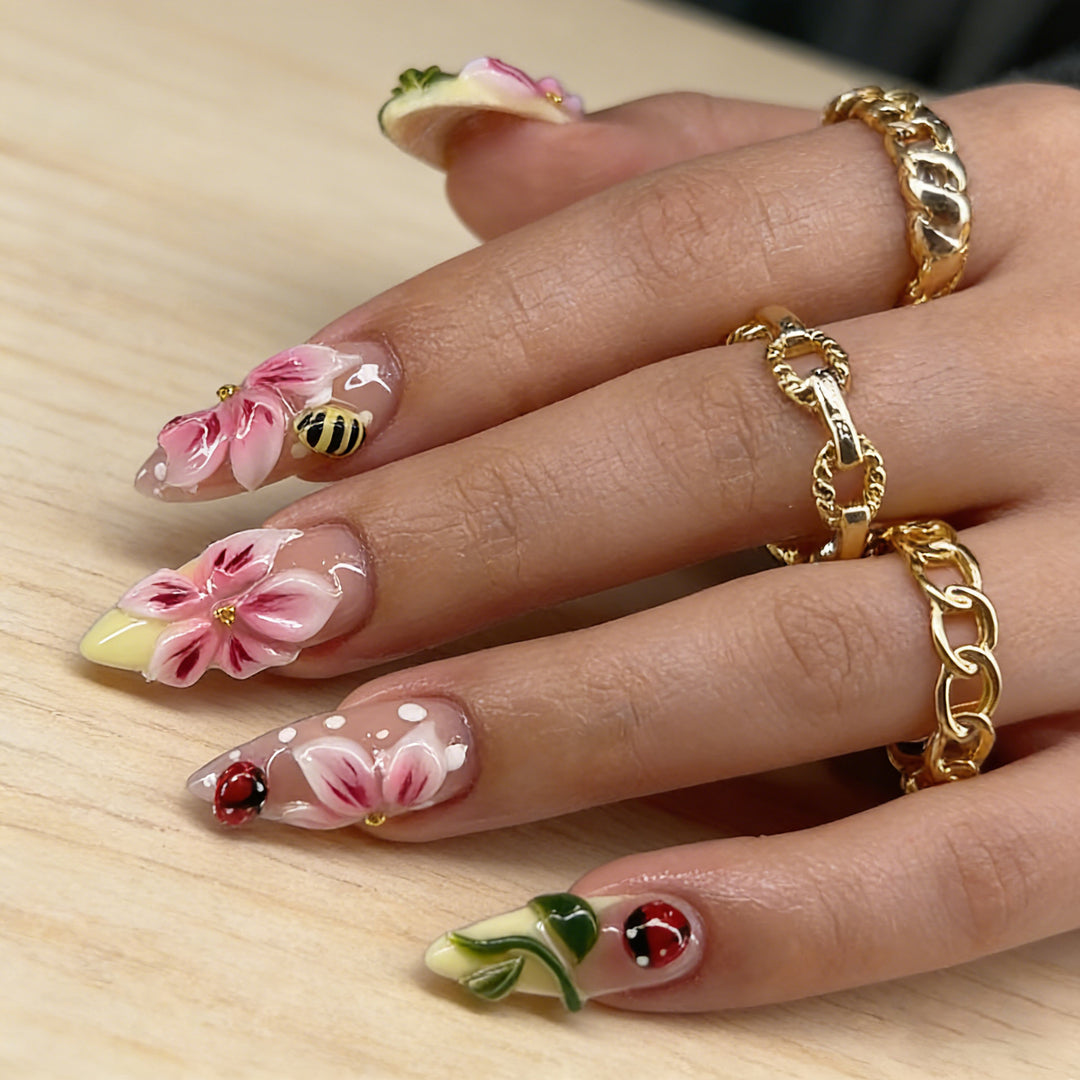 Artful Nail Extensions with Floral Designs Bowlift