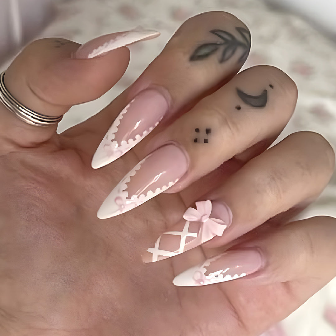 Elegant Floral Lace Stiletto Nails Bowlift