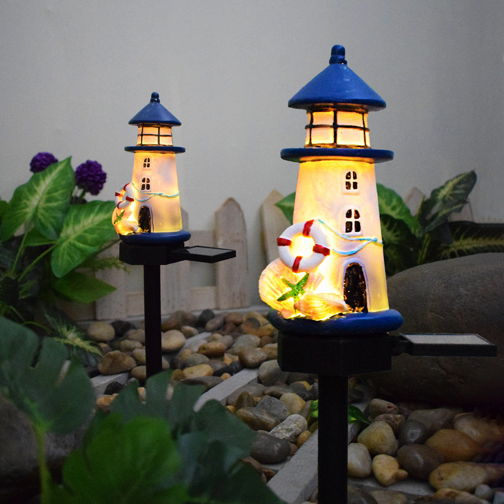 Resin Lighthouse LED Garden Stake Lamp With Integrated Solar Panel And Lifebuoy Ornament Bowlift