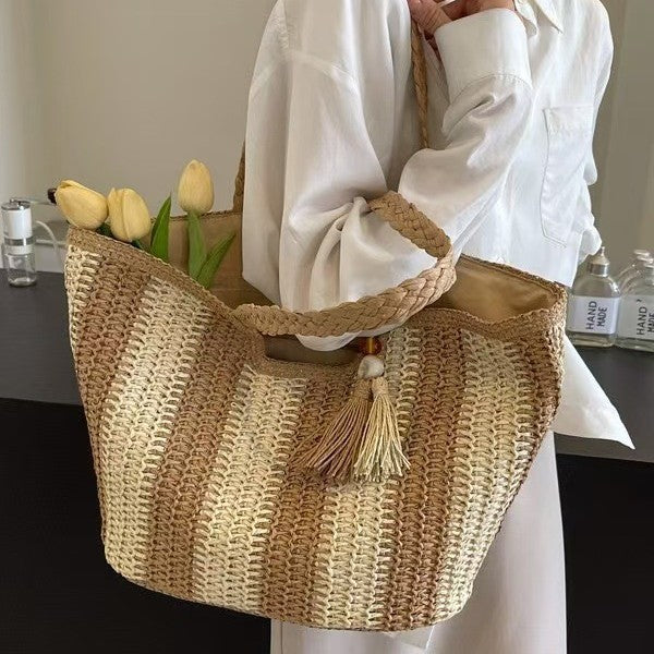 Designer Beach Bag with Textured Weave Bowlift