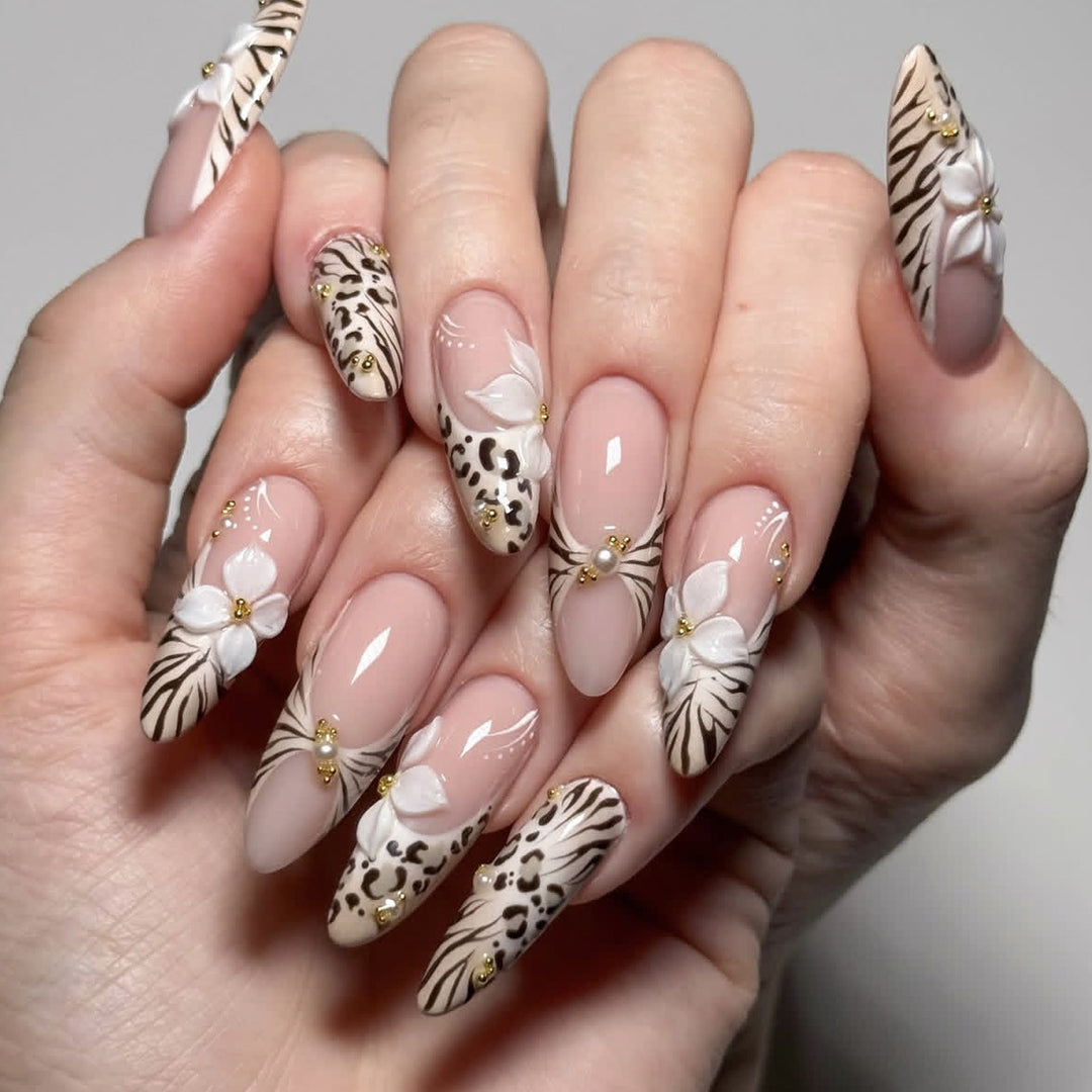Floral and Animal Print Stiletto Nail Art Extensions Bowlift