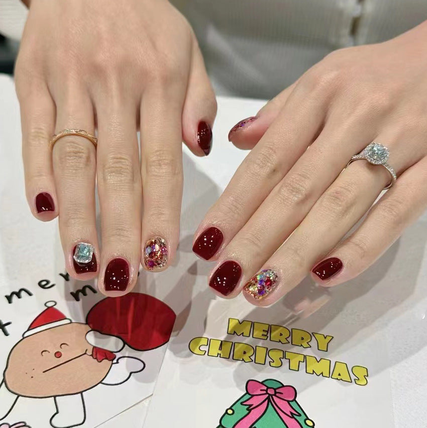 Elegant Press-On Nail Art Set with Gemstone Accents Bowlift
