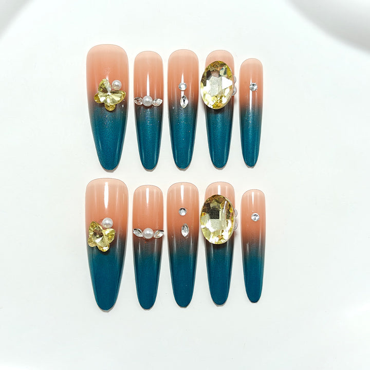 Glamorous artificial nails with elegant ombre effect and high-quality embellishments Bowlift