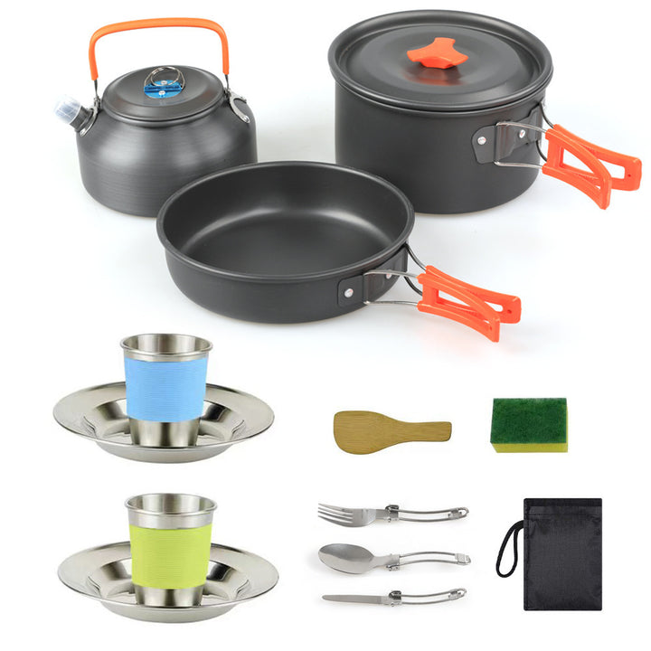lightweight hard-anodized camping cookware set with folding handles compact kettle and stainless cup plates Bowlift