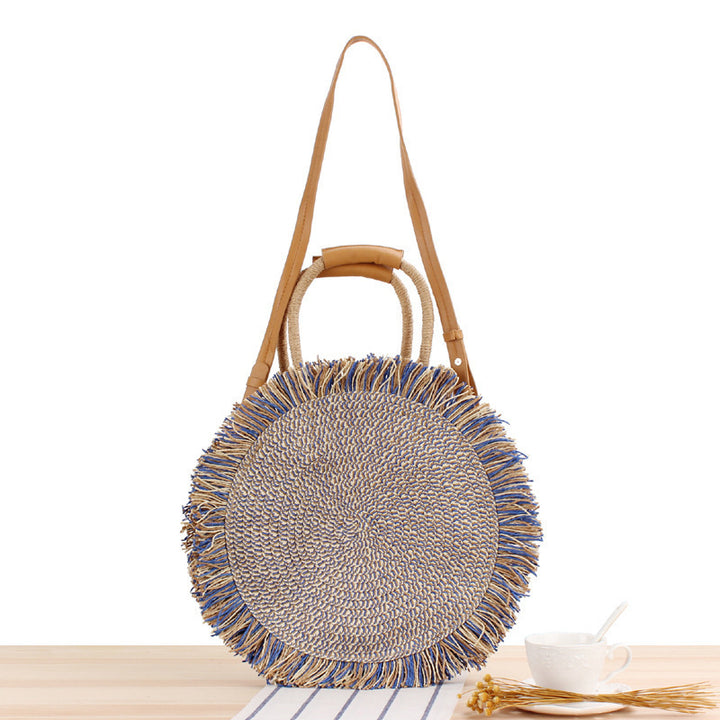 Round Bast shoulder bag with fringes and leather handles Bowlift