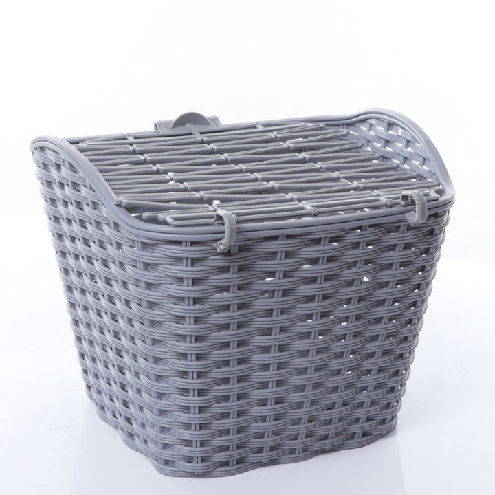 woven front bicycle basket with hinged lid and universal handlebar mount Bowlift