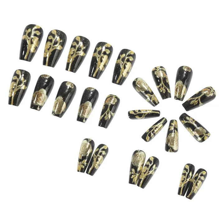 Artificial nail set with elegant golden rose decorations Bowlift