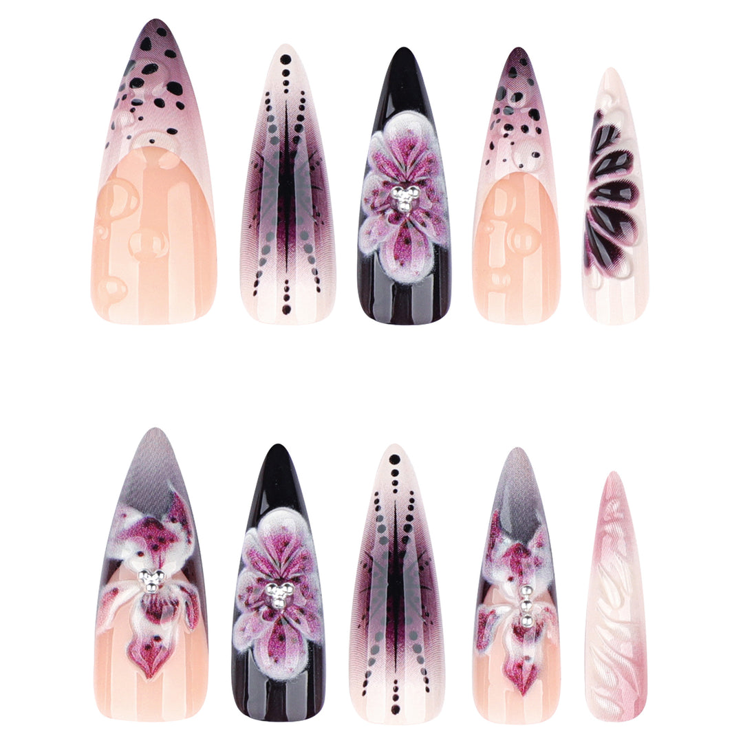 Artistic stiletto nails with floral 3D embellishments Bowlift