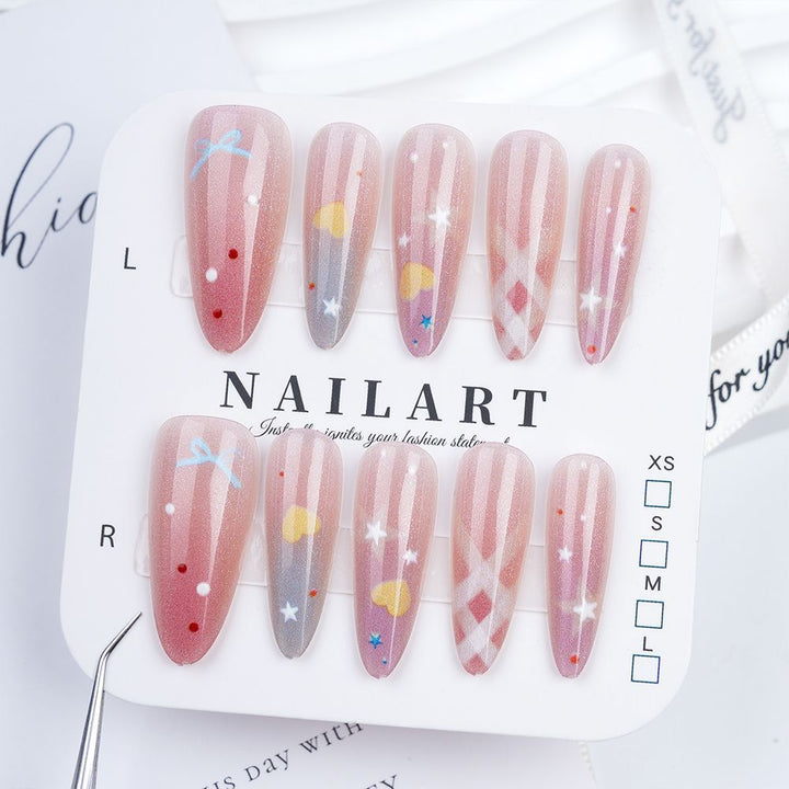 Decorative Press-On Nail Set with Elegant Floral and Gemstone Accents Bowlift