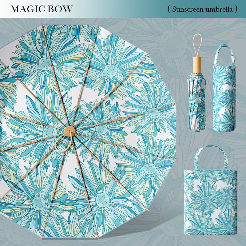 Women's elegant folding parasol with floral accents and practical carrying bag Bowlift