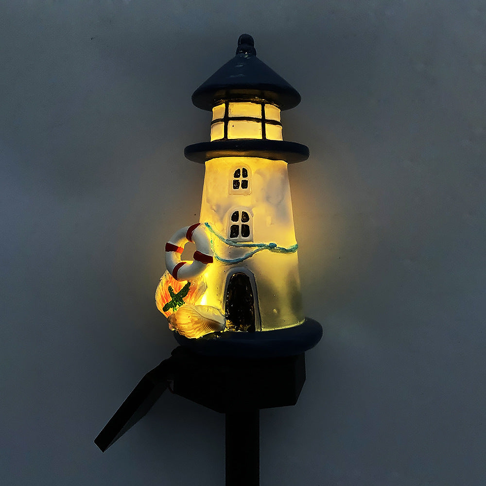 Resin Lighthouse LED Garden Stake Lamp With Integrated Solar Panel And Lifebuoy Ornament Bowlift