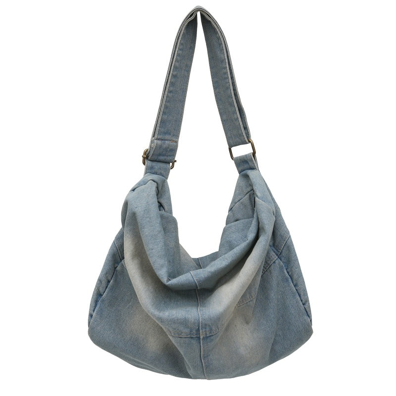 Denim Slouchy Hobo Shoulder Bag with Adjustable Strap Bowlift