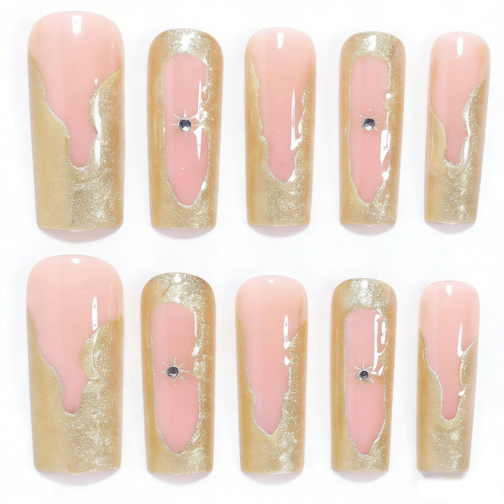 Artistic Long Nail Tips Set with Gold Accents Bowlift