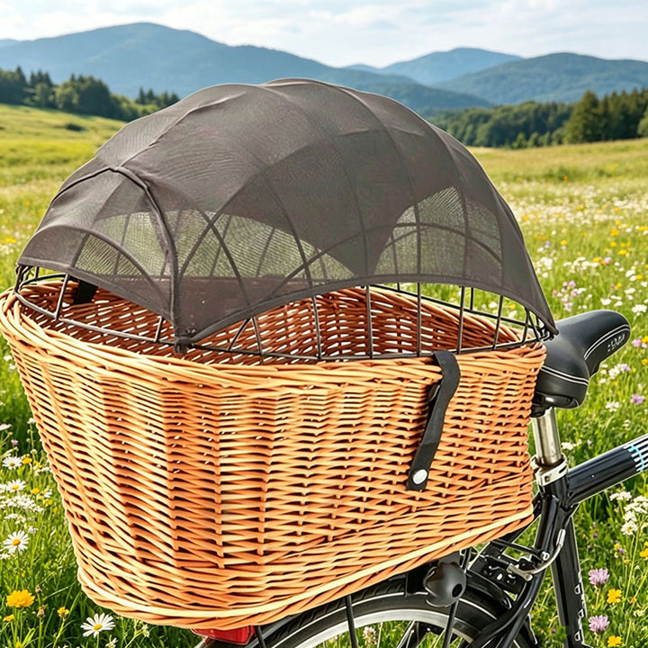 protective mesh canopy for front bicycle wicker basket with snap fasteners Bowlift
