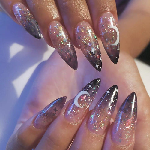 Glamorous Stiletto Press-On Nails with Celestial Design Bowlift