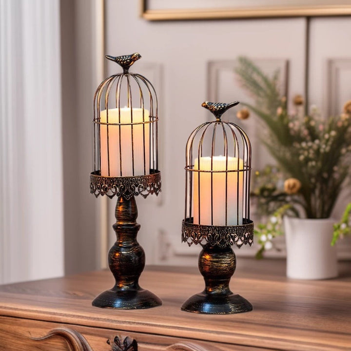 Antique-Style Distressed Metal Birdcage Tabletop Candle Holder & Display Stand Bowlift