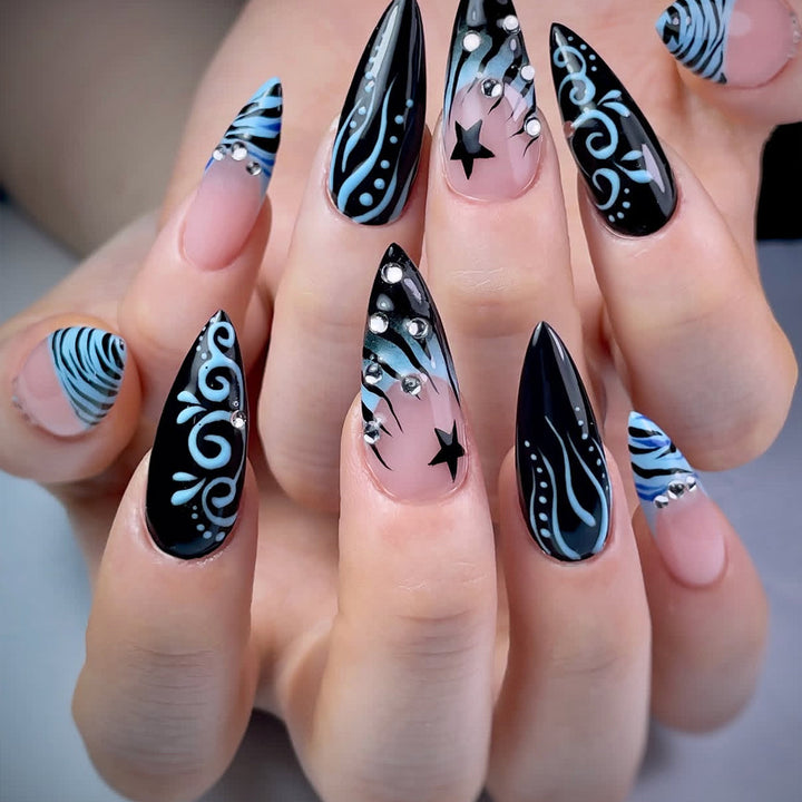 Artistic Stiletto Nail Art Extensions with Rhinestone Accents Bowlift