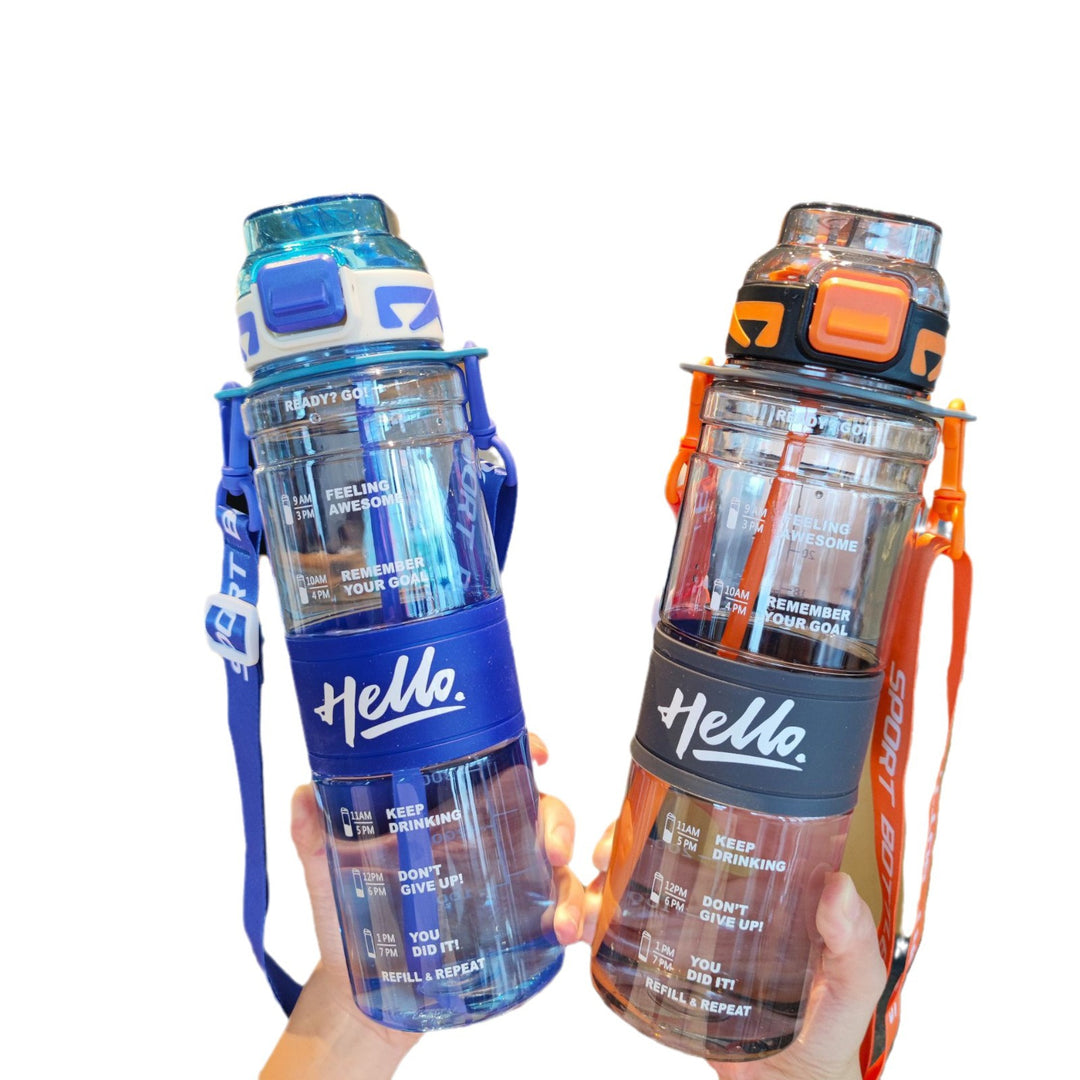 Women's large sports water bottle with motivational time markings Bowlift