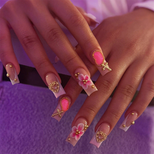 Decorative Floral Press-On Nail Set with Gem Accents Bowlift