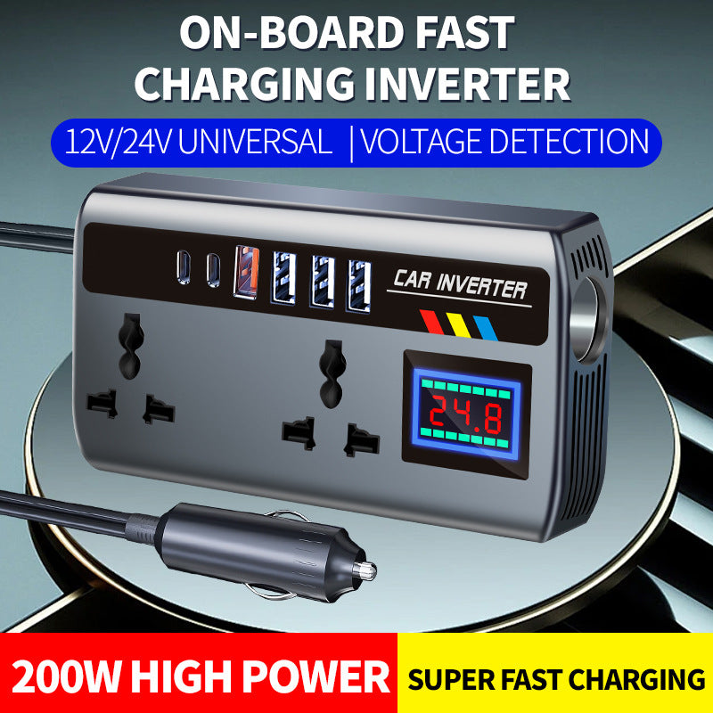 High-Power Vehicle Power Inverter with Multiple USB and USB-C Fast-Charging Ports and AC Outlet Cigarette Lighter Extension Bowlift