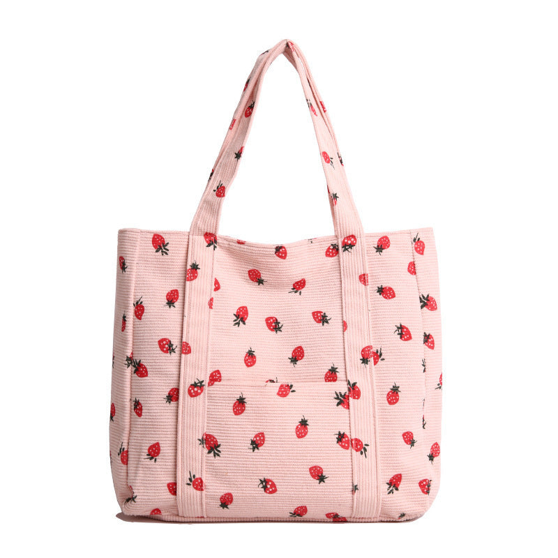 Playful Strawberry Print Corduroy Tote Bag Bowlift