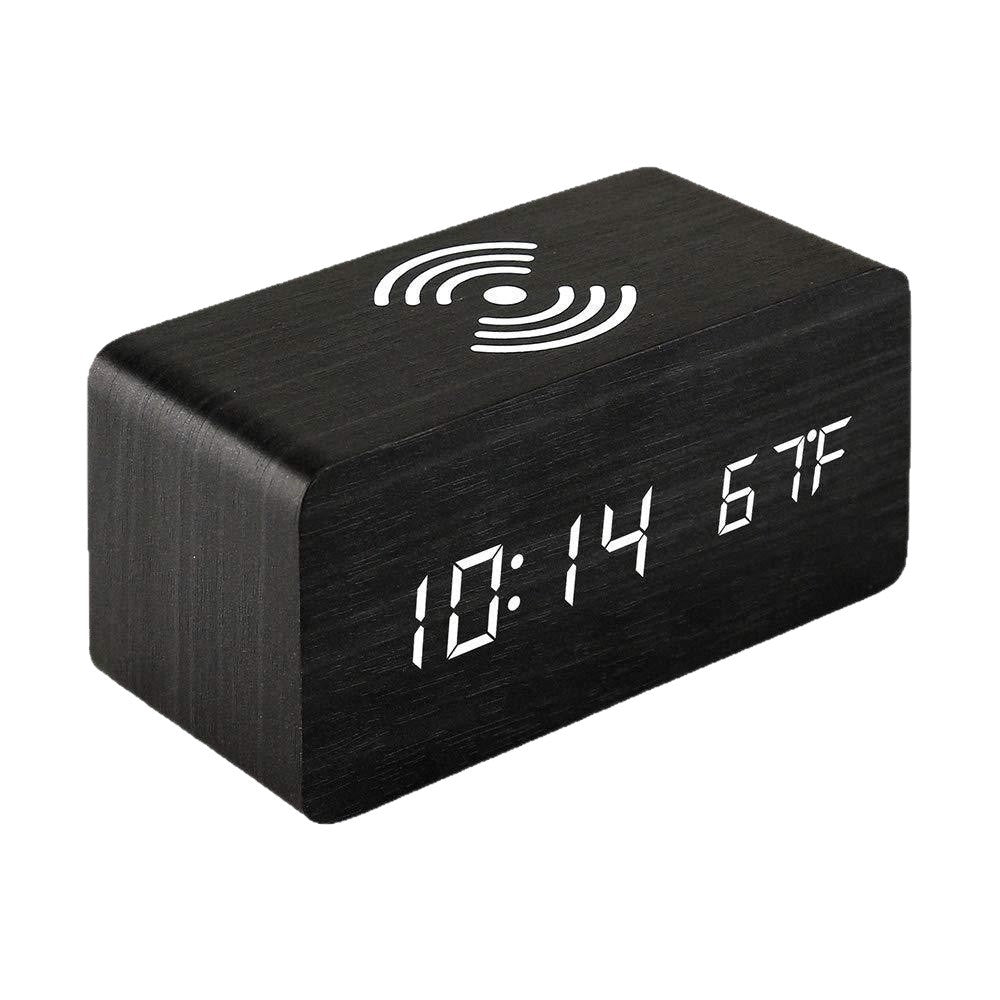 Wooden LED Alarm Clock with Wireless Qi Charging and Indoor Temperature Display Bowlift