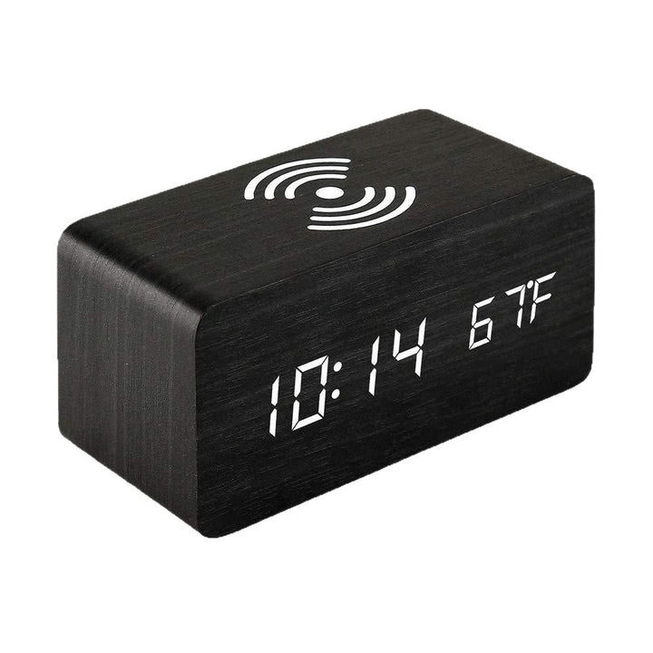 Wooden LED Alarm Clock with Wireless Qi Charging and Indoor Temperature Display Bowlift
