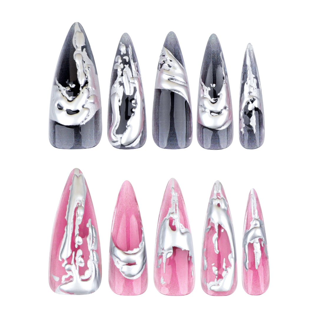 Creative stiletto nails with unique metallic details Bowlift