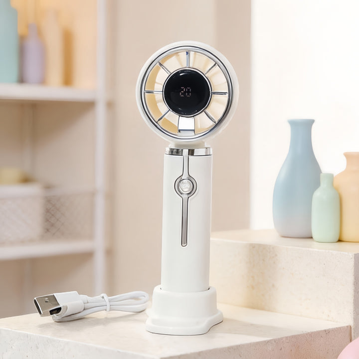 Women's Portable Hand Fan with LCD Temperature Display and USB Charging Function Bowlift