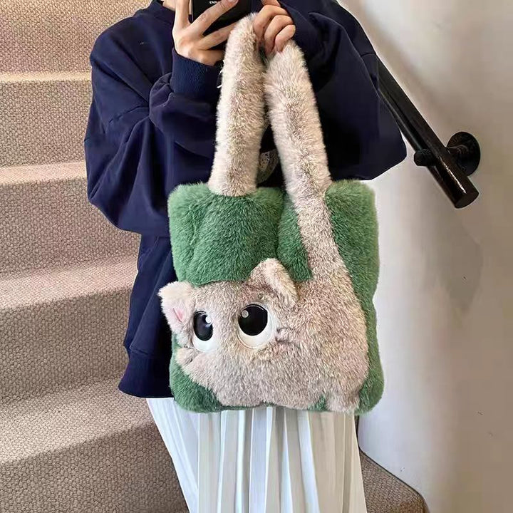 Plush Faux Fur Cartoon Eye-Appliqué Tote Bag with Bow Shoulder Straps Bowlift