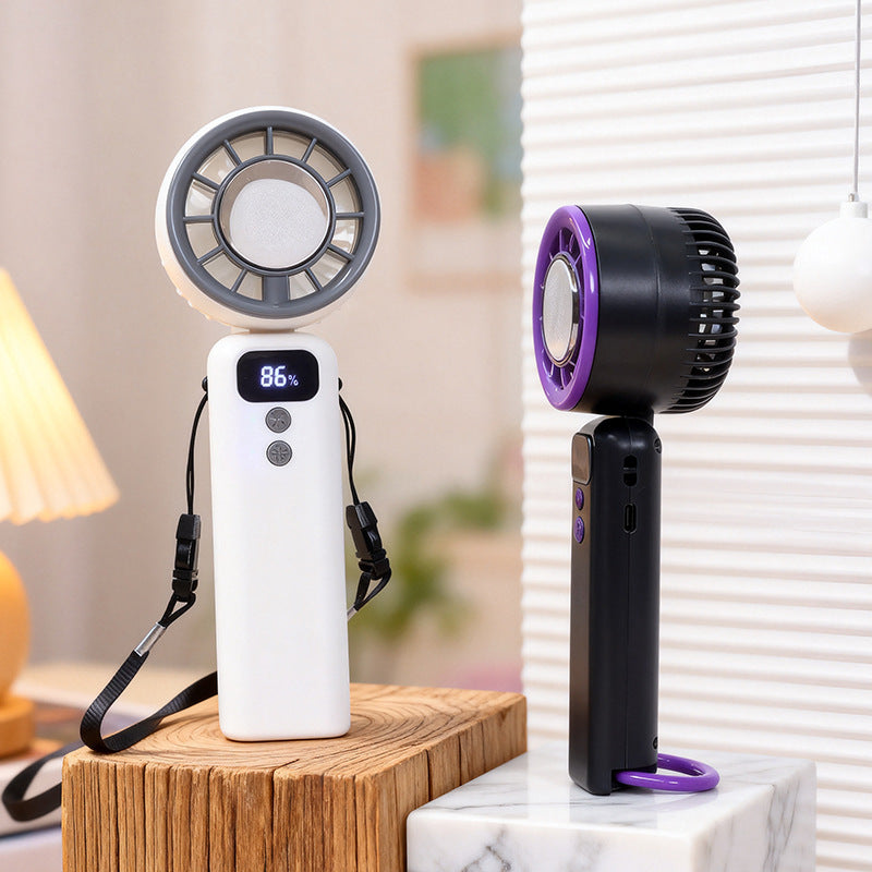 Unisex USB portable hand fan with digital display, adjustable neck strap, and powerful motor bowlift