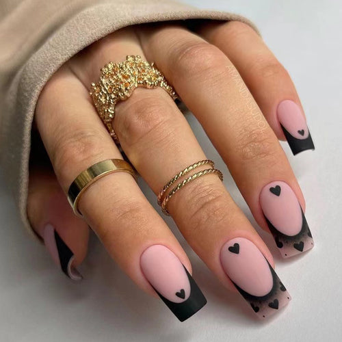 Artful Nail Art with Heart Motifs and Black-White Lace Bowlift