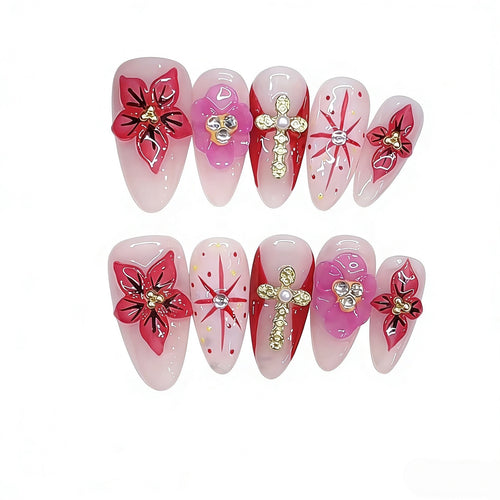 Artistic Floral and Gemstone-Embellished Press-On Nails Bowlift