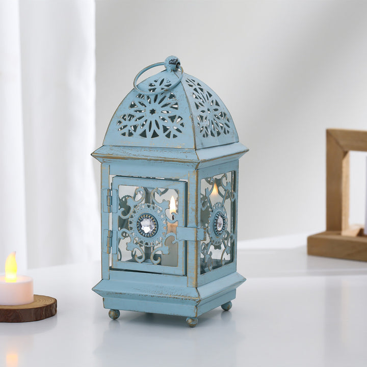 Antique-Style Decorative Metal Glass Candle Lantern with Filigree Cutouts and Hanging Ring Bowlift