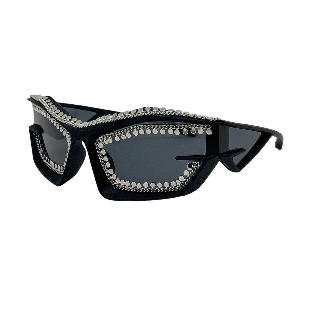 Ladies designer sunglasses in a futuristic look with sparkling rhinestone embellishment Bowlift