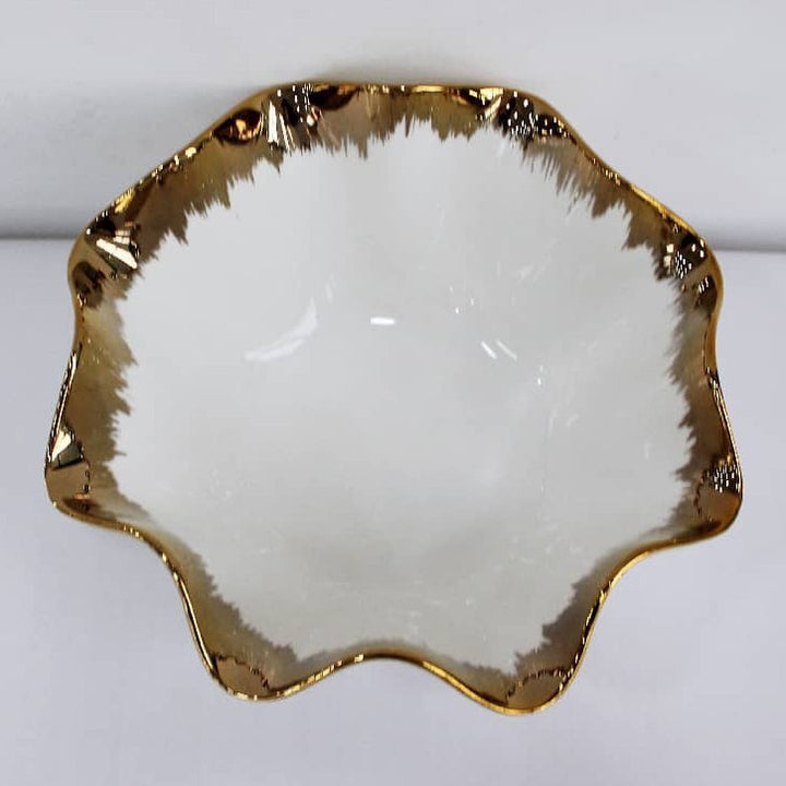 Hand-Glazed Metallic-Trimmed Ruffled Ceramic Centerpiece Bowl Bowlift
