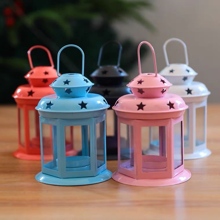 Mini Hexagonal Glass-Panelled Party Tealight Lantern with Star Venting and Carry Handle Bowlift