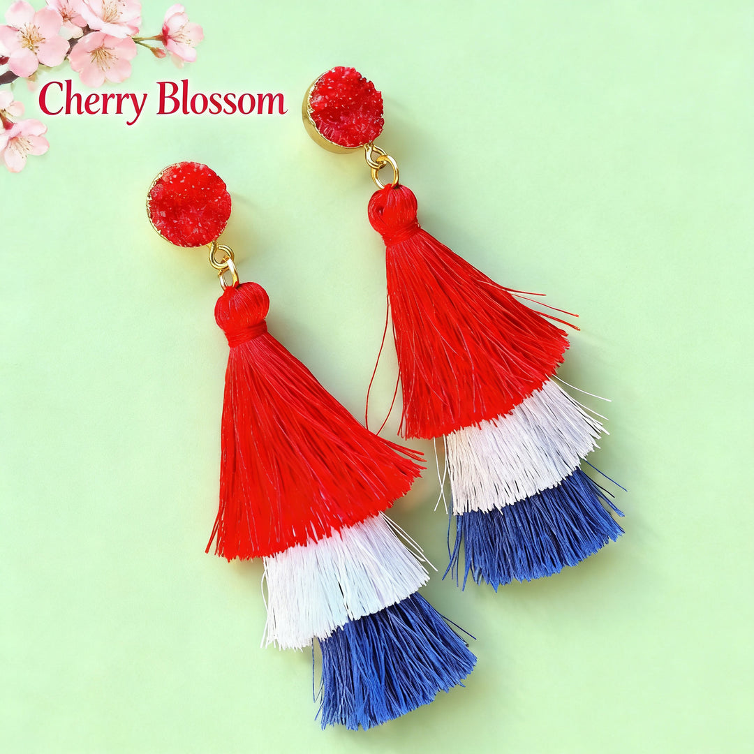 Women's nan tiered fringe tassel statement drop earrings with glitter disc stud and layered silk-like threads Bowlift