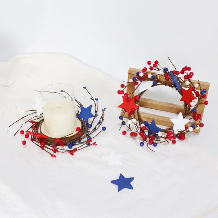 Unisex decorative door wreath with wooden stars and berry branches Bowlift
