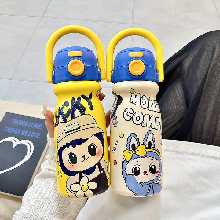 Women's water bottle with fun animal design and ergonomic carrying handle Bowlift