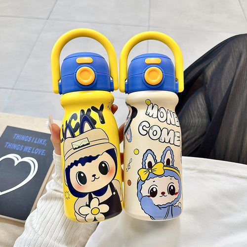 Women's water bottle with fun animal design and ergonomic carrying handle Bowlift