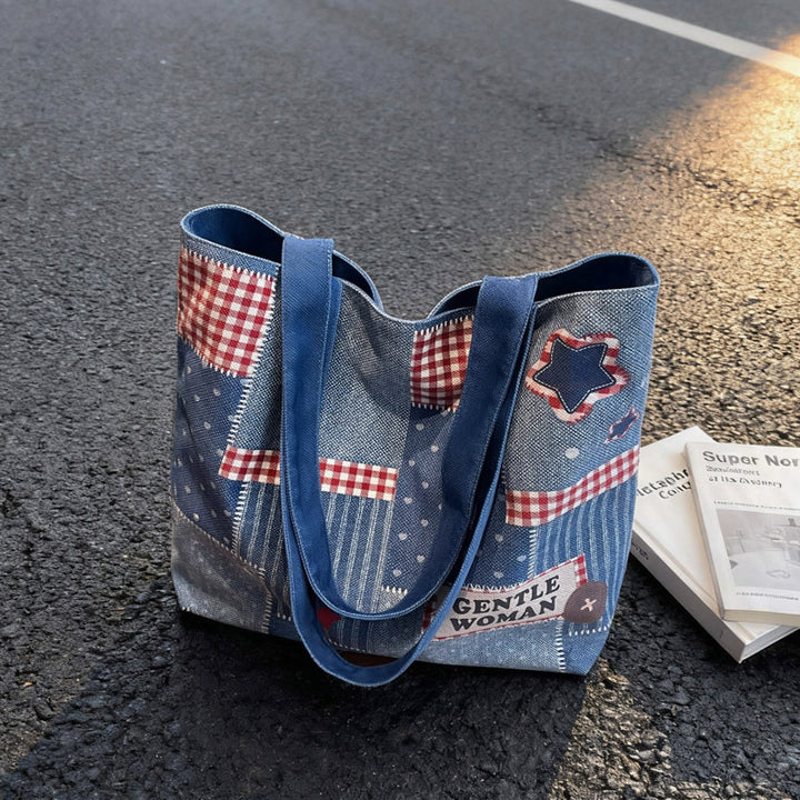 Chic Denim Patchrk Tote Bag Bowlift