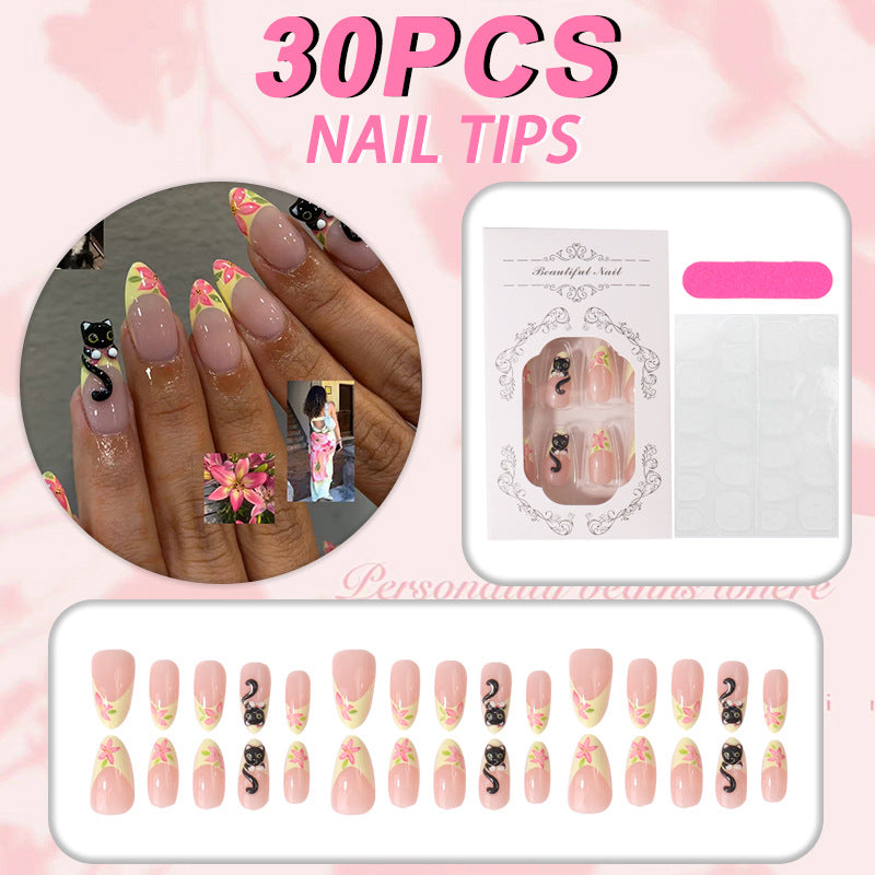 Artistic Cat-Themed Press-On Nail Tips Bowlift