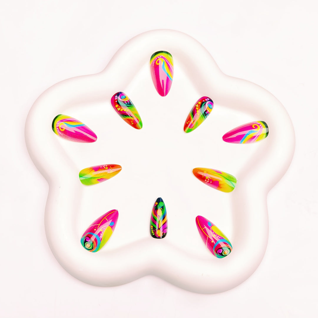 Artistic Neon Feather Nail Art Bowlift
