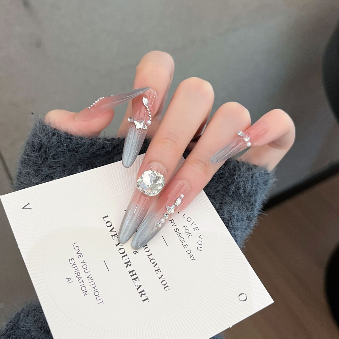 Decorative Crystal-Embellished Long Stiletto Press-On Nails Bowlift