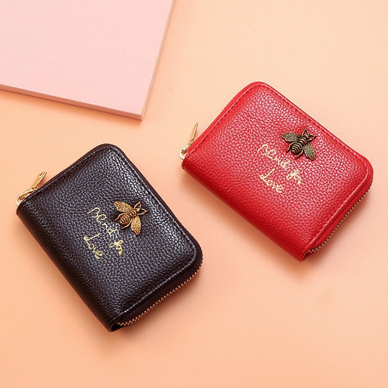 Designer Bee-Embellished Leather Zip-around Wallet Bowlift