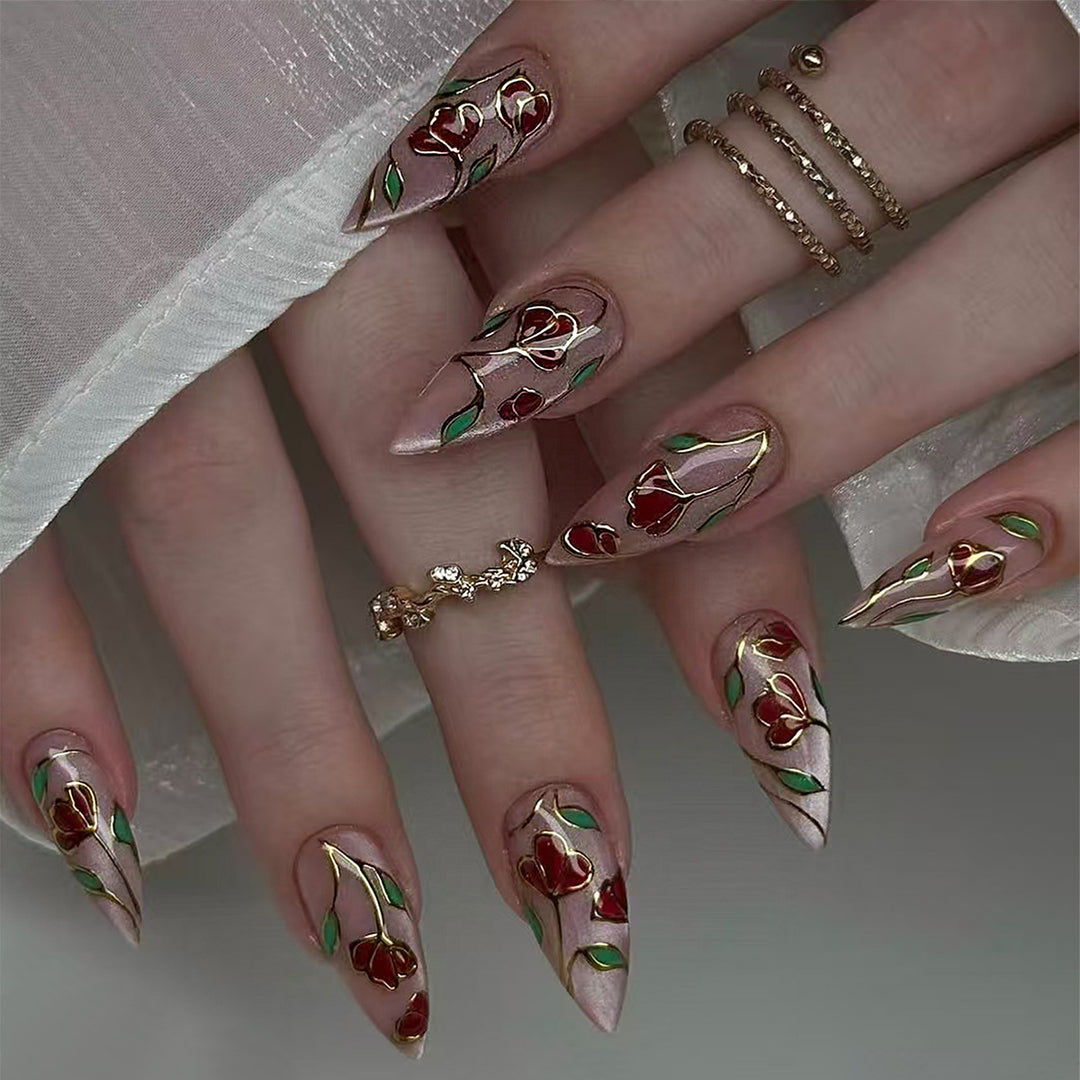Artificial nails with floral decorations Bowlift