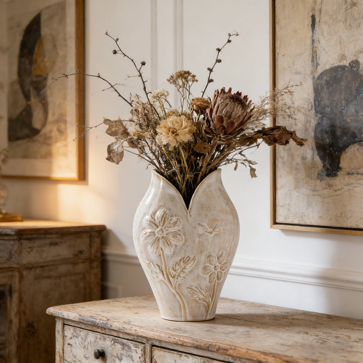Handmade Textured Earthenware Flower Relief Bud Vase