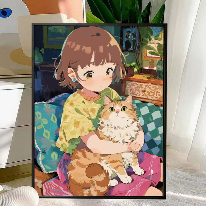 Cute Cat and Child Illustration Wall Art Bowlift